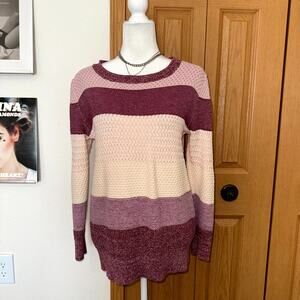 L.L.Bean Sweater Women Small Pink Cream Striped Knitted Long Sleeve Cottage Core